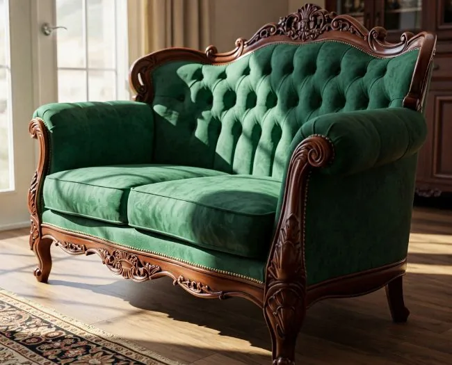 Elegant green tufted loveseat with wood