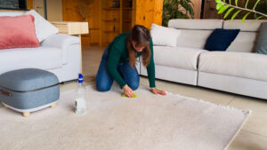 Woman cleaning carpet using tips from Prestige Carpet Cleaning's carpet and rug stain removal guide