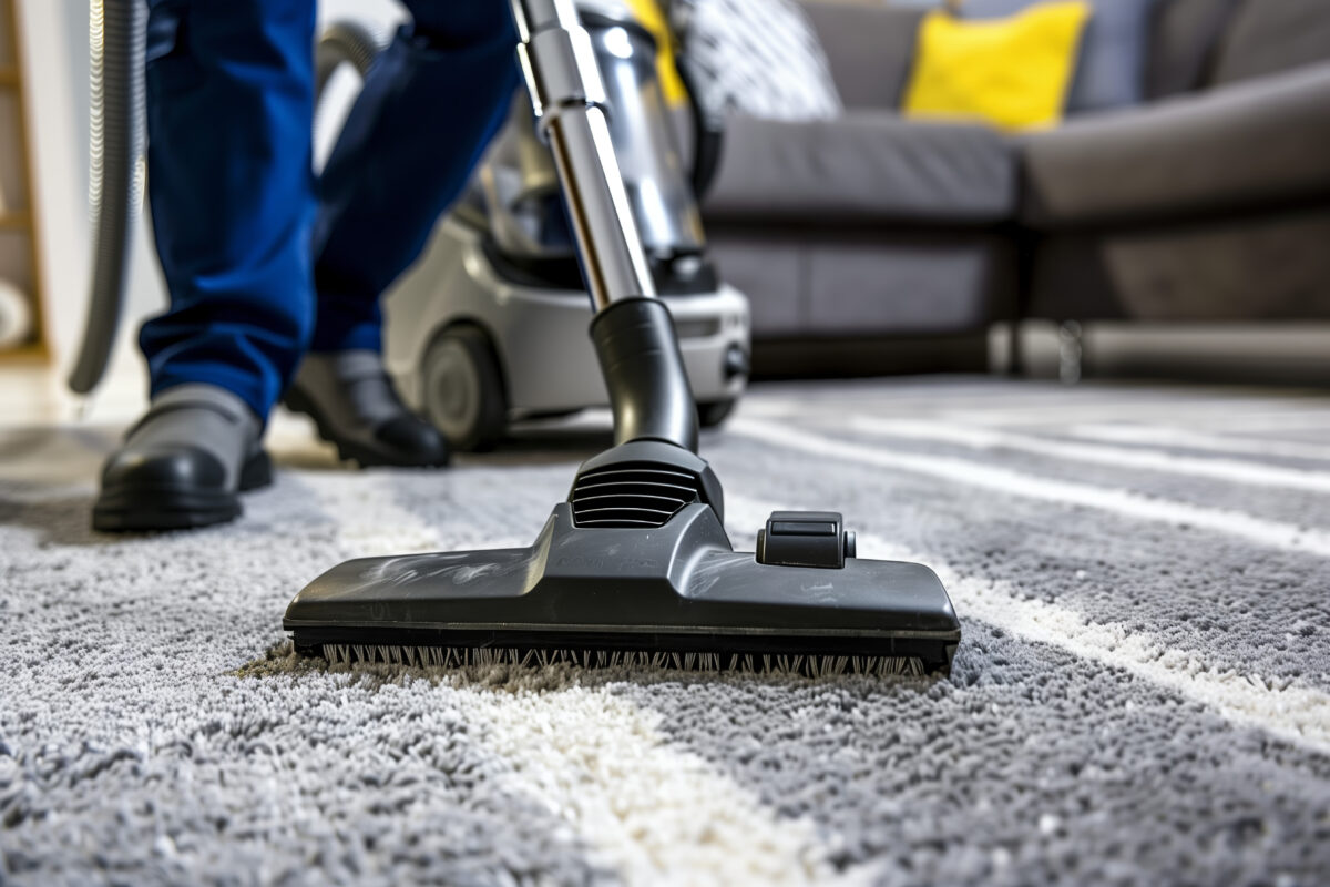 A professional cleaner uses a canister vacuum for a deep cleaning of a modern grey and white area rug ★ Prestige Carpet Cleaning Durham homeowner using Prestige-recommended carpet cleaner machine
