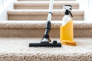 Best Carpet Cleaners feature image - carpet cleaning solution and tools on carpeted stairs