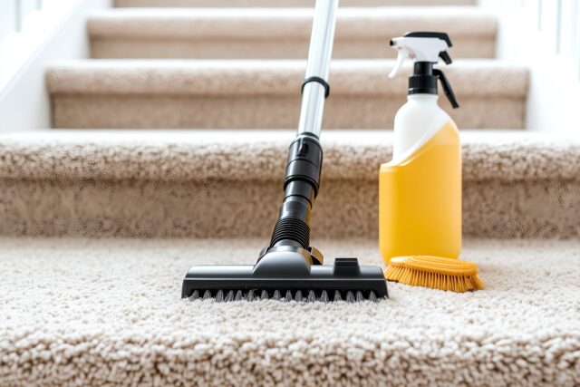 Best Carpet Cleaners feature image - carpet cleaning solution and tools on carpeted stairs