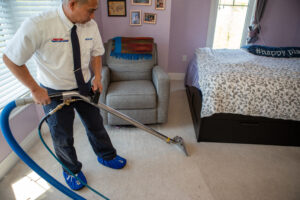 Professional carpet cleaner from Prestige Carpet Cleaning removing carpet stains in Durham home
