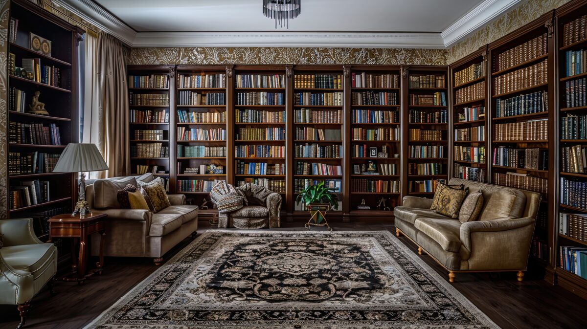 antique rug in durham home library ★ Prestige Carpet Cleaning Antique area rug in living room of a home in Ajax