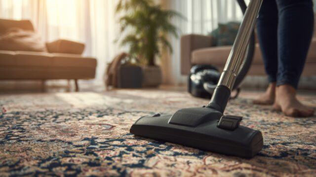 Woman cleaning area rug in Durham home