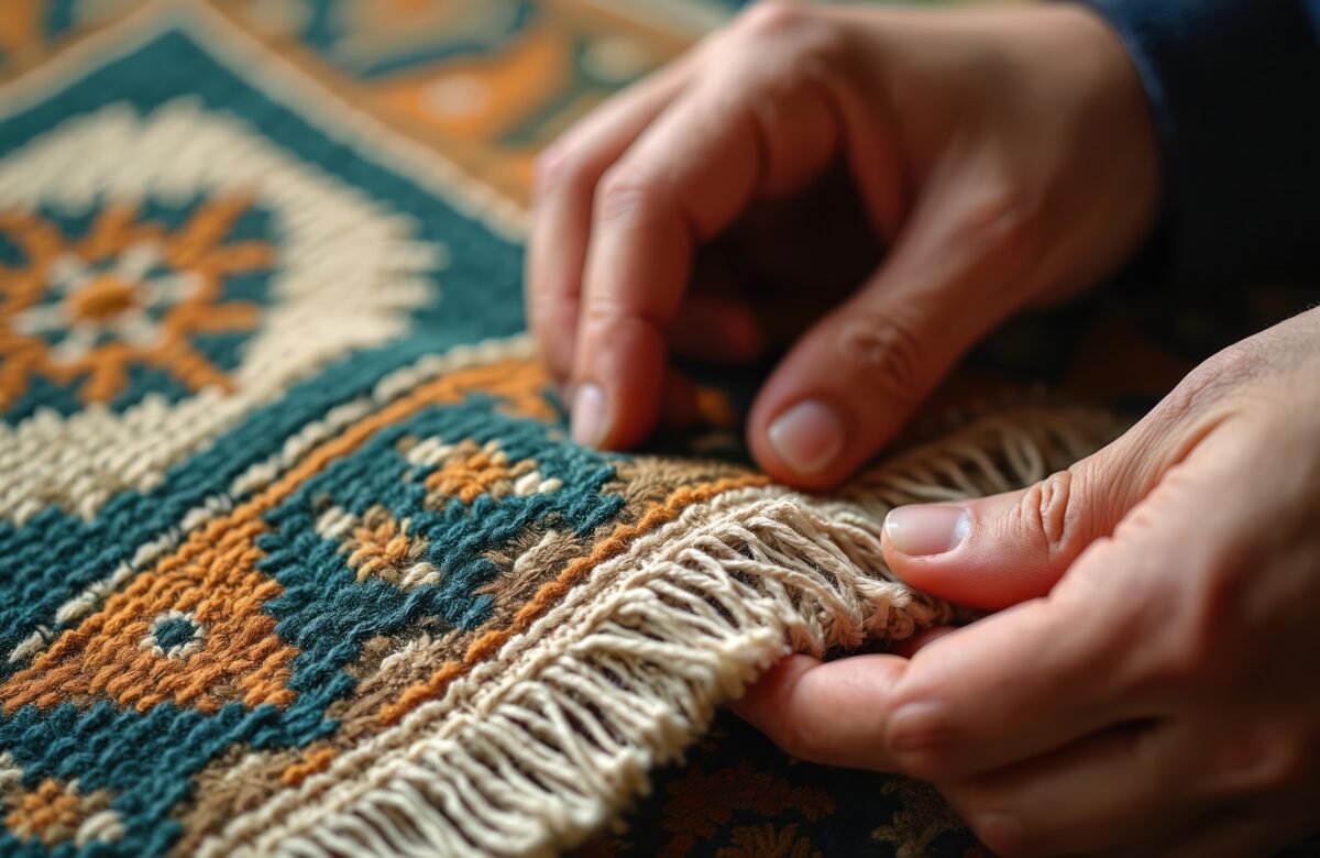 area rug material identification ★ Prestige Carpet Cleaning Man examining woven area rug fringe to identify rug material